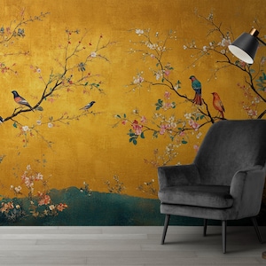 Golden Serenity: Vögel und Blüten auf einer lebhaften gelben Leinwand zum Abziehen und Aufkleben