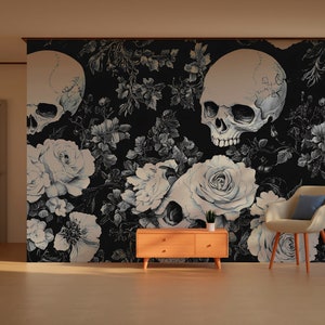 Skull and Roses Gothic Floral Wallpaper Peel And Stick Wallpaper/ RemovableVintage Wall Mural/Canvas Peel andstick