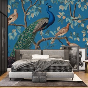 Vintage Blue Peacock And Exotic Bird Peel And Stick Wallpaper/Removable Vintage Wall Mural/ Canvas Peel And Stick Wallpaper