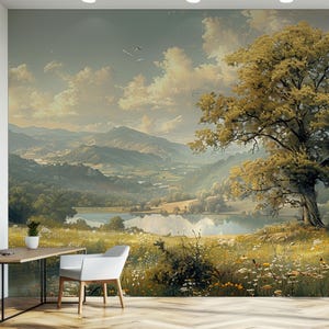 Serenità della natura: carta da parati staccabile e adesiva con paesaggio di prato in fiore/murales vintage rimovibile/tela staccabile e adesiva