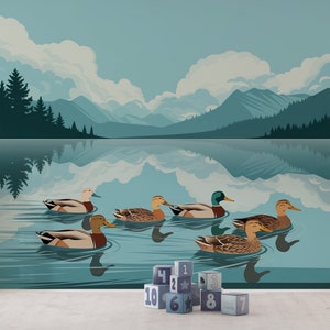 Montain Lake Ducks Peel And Stick Wallpaper - Carta da parati staccabile e adesiva / Carta da parati murale vintage rimovibile / Carta da parati staccabile e adesiva in tela