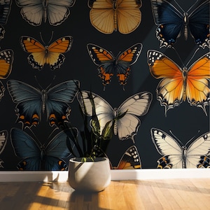 Elegant Butterflies Wallpaper- Dark Backround Peel And Stick Wallpaper/ RemovableVintage Wall Mural/Canvas Peel andstick