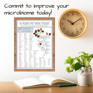 May include: A printable chart titled "30 Plants Per Week Tracker" with a list of fruits, vegetables, nuts, and seeds to eat for a healthy gut microbiome. The chart is designed to look like a tree with leaves in shades of red, orange, and green.