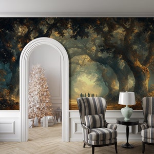 Verzauberte Waldtor Tapete - Goldene Stunde Waldszene - abziehen und aufkleben | Abnehmbare Tapete | Canvas Wallpaper | Wandbild