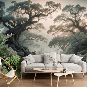 Papier peint forêt enchantée - décoration murale nature paysage mystique - oeuvre d'art murale amovible avec pellicule de protection pour une atmosphère sereine et onirique
