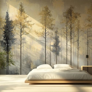 Goldener nebelwald schälen und aufkleben Tapete - Aquarell Bäume Wandbild - nebliges Waldland entfernbare Wandkunst für Wohnzimmer und Schlafzimmer