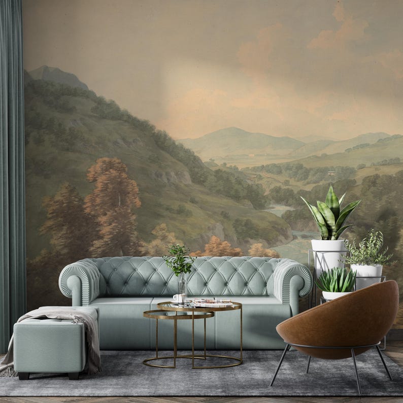 Pastoral Mountain Landscape Wallpaper Vintage Scenic Art Peel and Stick ...