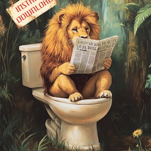 Humor Lion on toilet Printable Wall Art Funny Lion on toilet Digital Download Humor Instant download Funny Home Decor Cute Lion Poster Art