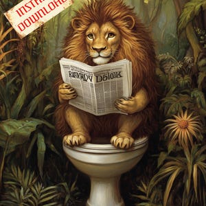 Humor Lion on toilet Printable Wall Art Funny Lion on toilet Digital Download Humor Instant download Funny Home Decor Cute Lion Poster Art
