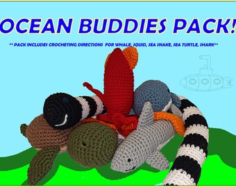 May include: A set of crocheted ocean animal toys, including a whale, squid, sea snake, sea turtle, and shark. The toys are arranged in a circle around a red crocheted octopus. The image includes the text "OCEAN BUDDIES PACK!" and "PACK INCLUDES CROCHETING DIRECTIONS FOR WHALE, SQUID, SEA SNAKE, SEA TURTLE, SHARK".
