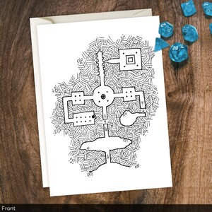 May include: A black and white printable dungeon map with a circular central room and several smaller rooms connected by hallways. The map is designed for tabletop role-playing games.