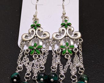 Handmade silver and green chandelier earrings