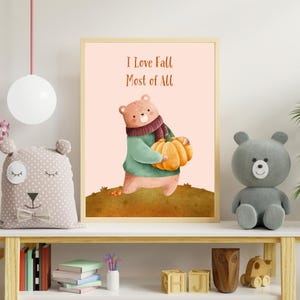 Trío de osos de otoño digital - Carteles imprimibles A3 para habitación infantil, Decoración de pared, Póster habitación infantil, Idea de regalo para niños