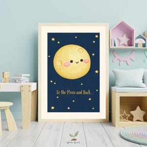 A la luna y de regreso - Póster digital A3, Póster para niños, Póster imprimible para habitación infantil, Póster habitación infantil, Idea de regalo para niños