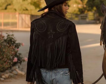 Vintage 90s Echo Mountain Black Suede Fringe Leather Jacket