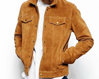 Mens Brown Suede Leather Trucker Jacket: Western Cowboy Style