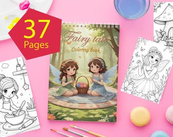 May include: A coloring book with 37 pages featuring fairies and the title "Fairy tale Coloring book". The book is open to a page with two fairies sitting on a green rug in a forest setting. There are also three other coloring pages with fairies and a mushroom house.