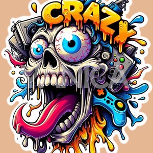Digitale kunst Crazy Gamer Skull - Levendig en wild gamingontwerp | Direct downloaden | Sticker