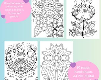 Floral Folk Art Coloring Pages: Hand-Drawn Intricate Designs (10 Page PDF Download)