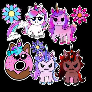 Süßer handgezeichneter Einhorn Stickerbogen. Florale Blumen Pastell Designs. Ideal für Planer, Journals, Scrapbooking, Basteln, Dekorieren.