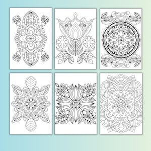 Mindful nature mandala colouring book. Hand drawn images with floral designs. Flowers, leaves, ladybirds, bees, butterflies. Printable PDF.