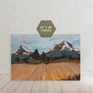 Three Sisters Oregon Art, large colorful Painting, Bend Oregon Art, Three Sisters Mountains Print, Oregon Landscape Art Colorful office art