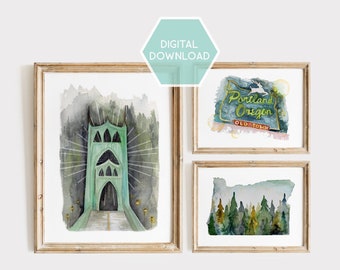 Digital Download Portland Oregon Gallery Wall, Portland Watercolor Art, Oregon Paintings, Oregon State Shaped Art, Portland Sign Art, Trio