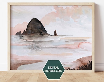 Haystack Rock Instant Download, Cannon Beach, Oregon Watercolor Wall Art, Coastal Watercolor, Watercolor Art, Abstract Watercolor, Fine Art
