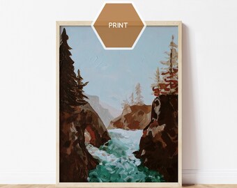 May include: A painting of a river flowing through a canyon with trees on either side. The water is a vibrant turquoise color and the rocks are brown and gray. The sky is a light blue color.