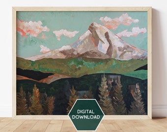 May include: A digital download of a painting depicting a mountain range with a snow-capped peak, green hills, and a forest in the foreground. The sky is a light blue with white clouds.