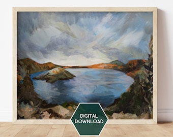 Crater Lake Oregon Painting, Digital Download, Oregon Art, Crater Lake Printable Wall Art, Oregon Landscape Painting, National Park Art