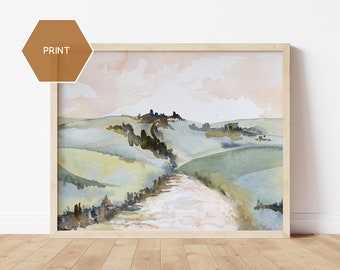 Abstract Watercolor Landscape, Nature Art Print, Large Wall Art, Spring Watercolor Art, Modern Farmhouse Art, Tuscany Art, Rolling Hills Art