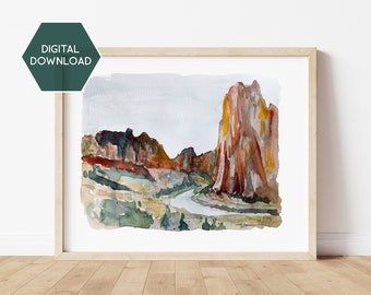 Digital Download Smith Rock Watercolor, Oregon Watercolor, Smith Rock Oregon Art, Smith Rock Painting, Smith Rock Digital, Hiker Art Gift