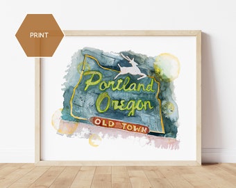 Portland Neon Sign Print, Portland Oregon Watercolor, Portland Old Town Sign, Portland Watercolor, Urban Watercolor Art, Portland Souvenir