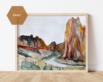 Smith Rock Watercolor, Oregon Watercolor Print, Smith Rock Oregon Art, Smith Rock Painting, Bend Oregon, Hiker Gift, Traveler Gift Print