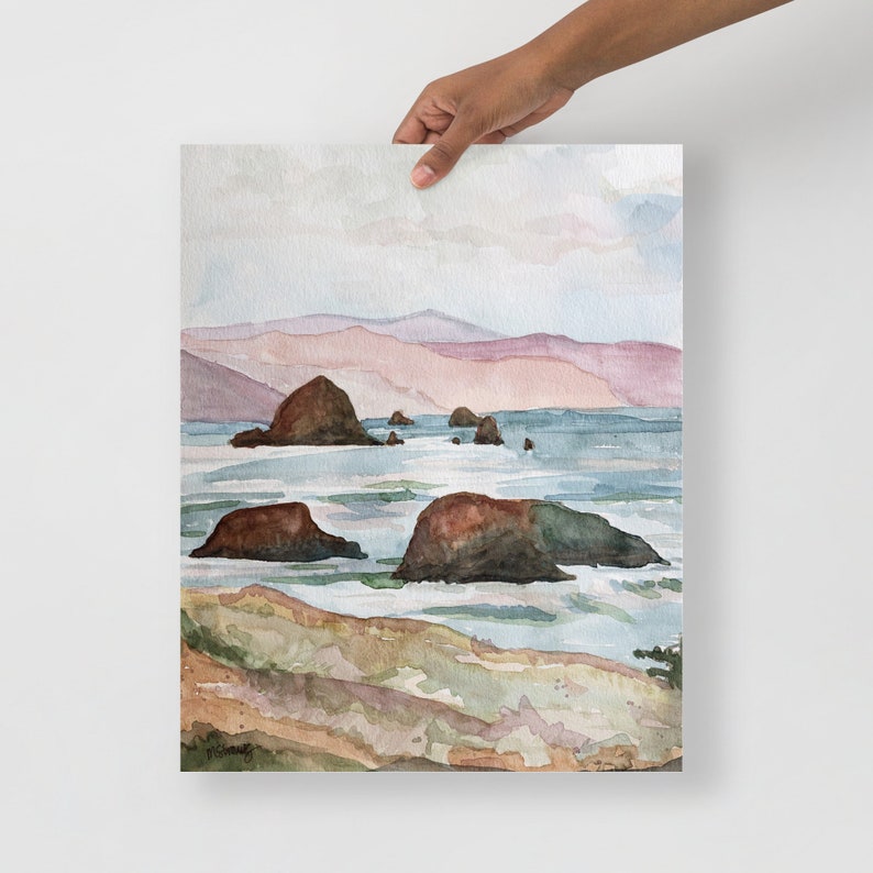 Ecola State Park Print, Haystack Rock Print, Cannon Beach, Oregon Watercolor Wall Art, Ecola State Oregon Watercolor, Oregon Souvenir Art