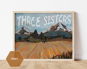 Three Sisters Oregon Painting, Bend Oregon Art, Three Sisters Mountains Print, Oregon Decor, Landscape Art, Bend Oregon Art, Oregon Souvenir