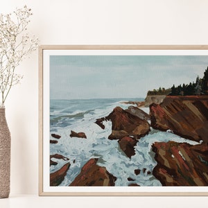 May include: A painting of a rocky coastline with crashing waves. The sky is a light blue, and the water is a turquoise color. The rocks are a mix of brown and orange.