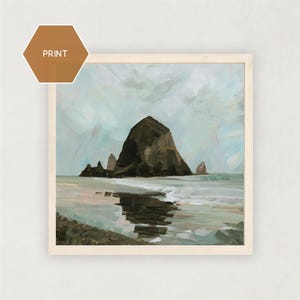 May include: A painting depicting a rocky coastline with a prominent, dark rock formation in the centre. The sky is a pale blue with white clouds. The water is a light blue-green colour and there are waves breaking on the shore.