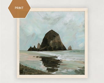 Impresión de la costa de Oregón, arte rupestre de pajar, impresión de paisaje de la costa de Oregón, arte cuadrado de regalo de Cannon Beach, arte relajante para el dormitorio, arte costero para el baño