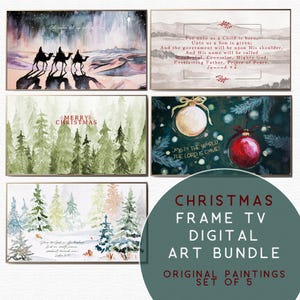 May include: A set of five Christmas-themed digital art prints. The paintings feature watercolor illustrations of winter landscapes, biblical scenes, and Christmas ornaments. The text includes "Merry Christmas" and Bible verses.