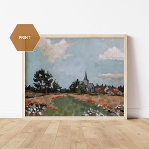 Old Church Painting country church Print French Village Church Artwork English Countryside Artwork Town Landscape Art Cottage Wall Art Gift