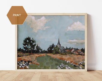 Cottagecore Wall Art, English Village Countryside Painting, Vintage Country Art, Old Church Painting Print, Pastoral Landscape Print