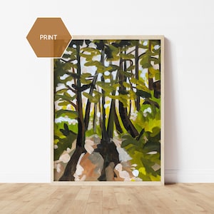 Dipinto astratto di foresta, dipinto di paesaggio verticale, opera d'arte astratta di albero, stampa artistica di escursionismo, arte del sentiero, arte per ufficio, opera d'arte originale