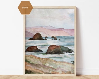 Ecola State Park Print, Haystack Rock Print, Cannon Beach, Oregon Watercolor Wall Art, Ecola State Oregon Watercolor, Hiker Gift Art Print