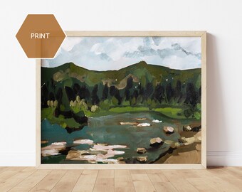 May include: A framed painting of a landscape with a lake, mountains, and trees. The painting is done in a loose, impressionistic style with a muted color palette of greens, blues, and browns.