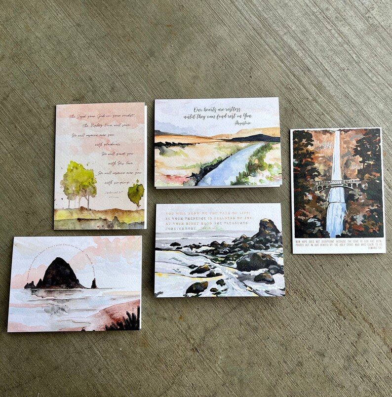 5 blank Christian cards, watercolor verse cards, encouragement cards, inspirational cards, scripture card pack, Bible verse cards, Oregon art cards