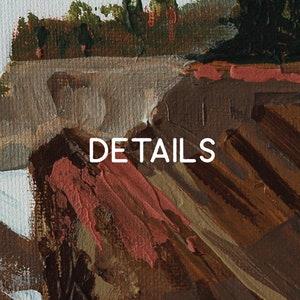 May include: A close-up of a painting with brown, tan, and red brushstrokes. The word "DETAILS" is written in white text on the painting.
