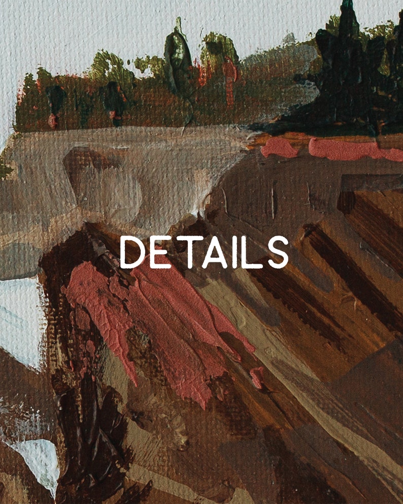 May include: A close-up of a painting with brown, tan, and red brushstrokes. The word "DETAILS" is written in white text on the painting.