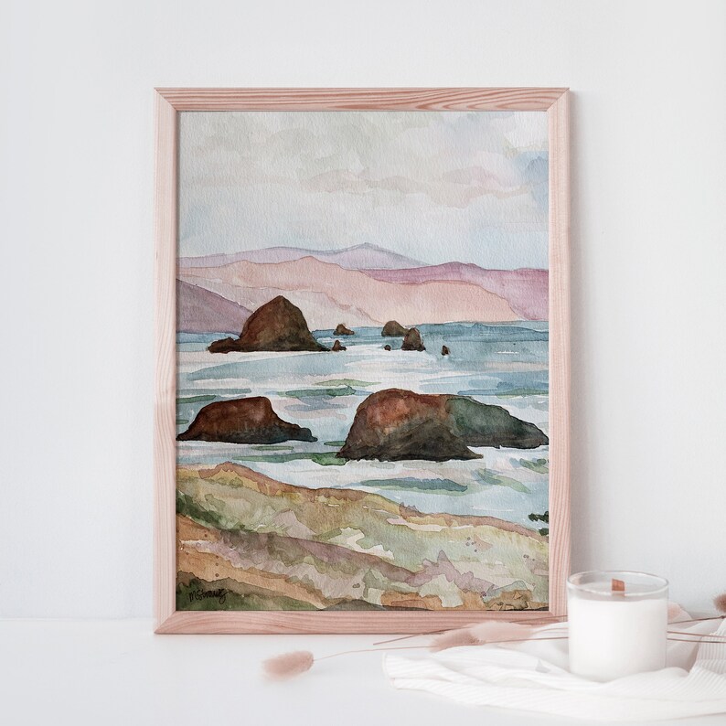 Ecola State Park Print, Haystack Rock Print, Cannon Beach, Oregon Watercolor Wall Art, Ecola State Oregon Watercolor, Hiker Gift Art Print image 2